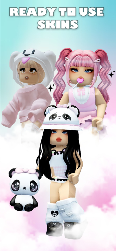 MasterBlox - Skins For Roblox - Une vitrine de skins Roblox prêts à l'emploi, esthétiques et jolis pour filles, présentant des tenues panda et preppy
