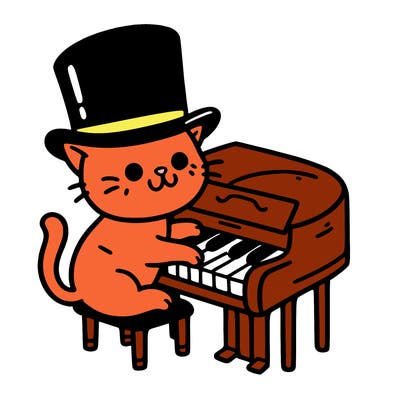 cat playing piano wearing a top hat