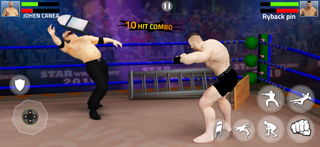 In-game screenshot of two wrestlers fighting in a 3D ring with mobile touch controls