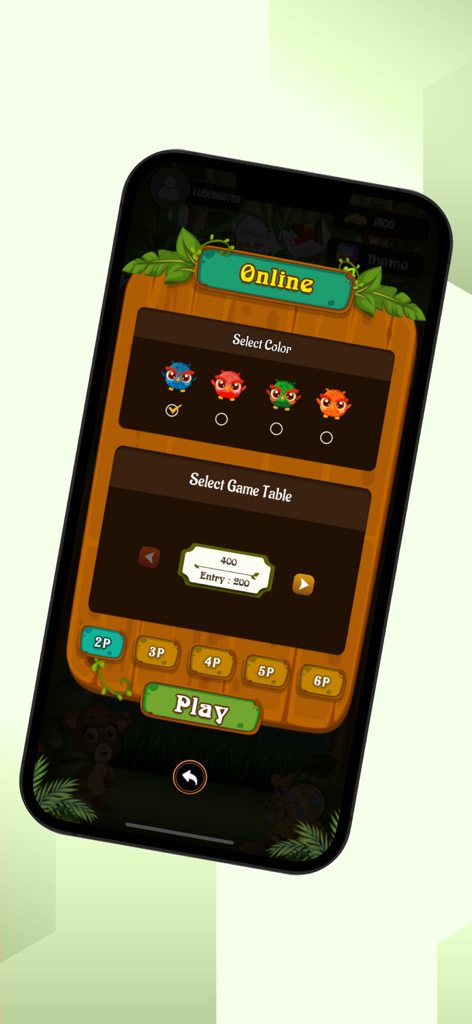 Ludo Jungle - Online game setup screen for Ludo Jungle featuring character color selection and player count options.
