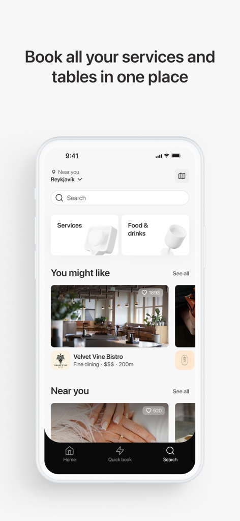 Pantalla de inicio de la aplicación Noona que muestra opciones de reserva de servicios y mesas.