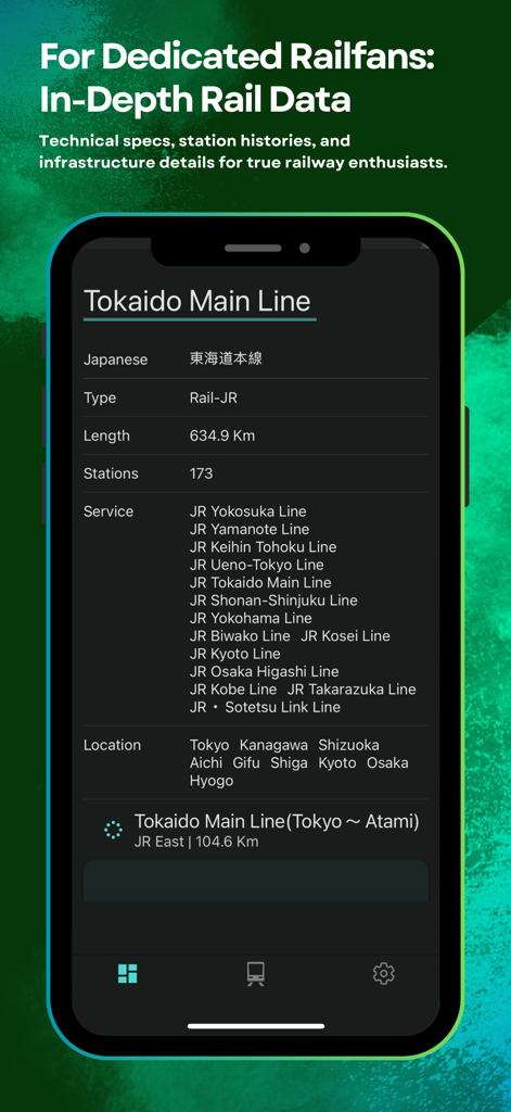 In-depth technical data screen for the Tokaido Main Line in the RailAround app showing length, stations, and service details.