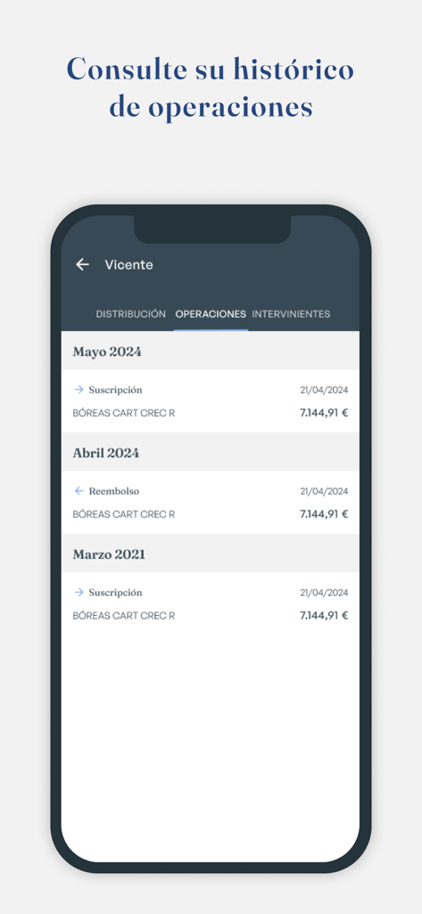 Pantalla de la aplicación móvil Tressis que muestra una lista de operaciones de inversión e historial de transacciones.