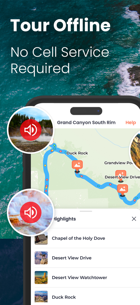 GuideAlong | GPS Audio Tours - GuideAlong app interface showing offline GPS map and audio tour locations for Grand Canyon