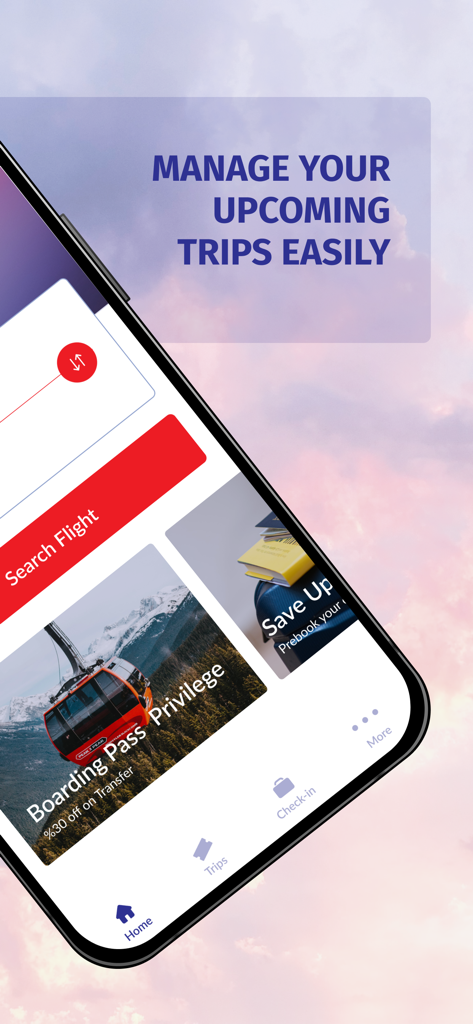 ネパール航空インターナショナルのアプリで、今後の旅を管理したり、フライトを検索したりするインターフェース。