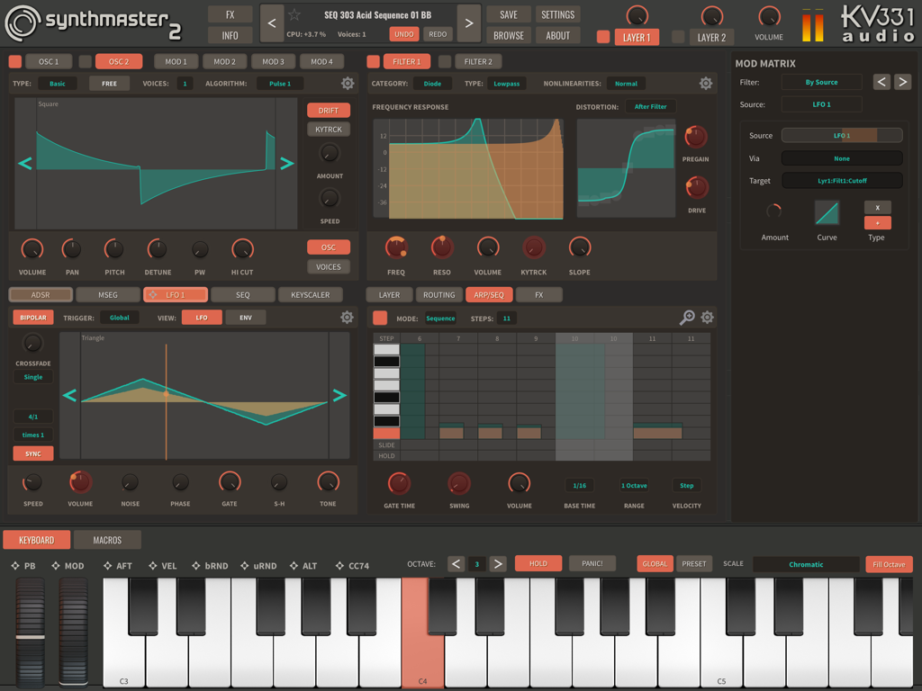 SynthMaster 2 - SynthMaster 2 mobile app interface showing oscillators filters modulation matrix and a virtual keyboard