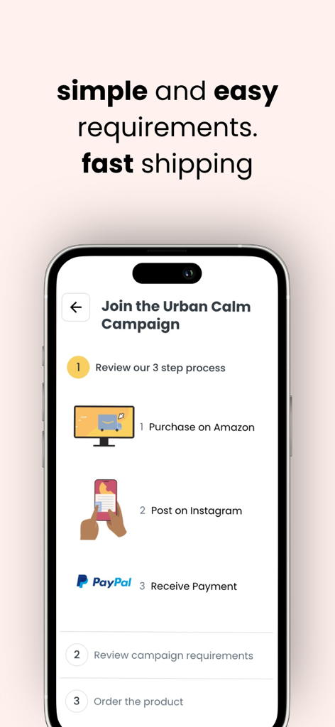 Stack Influence: Creator Deals - Mobile app screen showing a three step process to purchase on Amazon post on Instagram and receive payment through PayPal