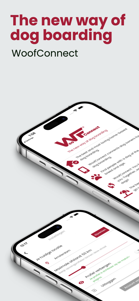 Deux iPhones affichant l'interface de l'application WoofConnect pour la garde de chiens