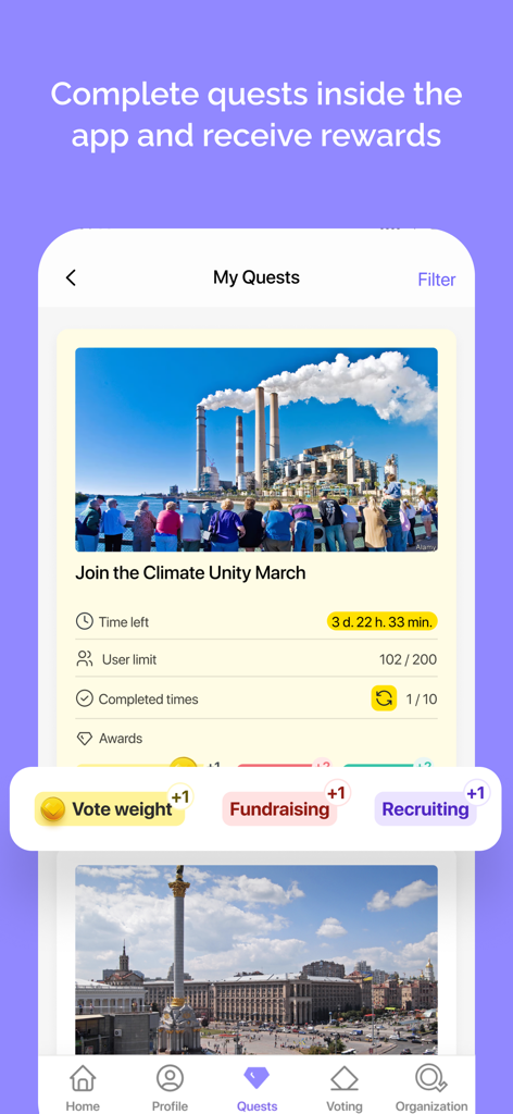 Qela - Oberfläche der mobilen App, die Community-Quests und gamifizierte Belohnungen zeigt