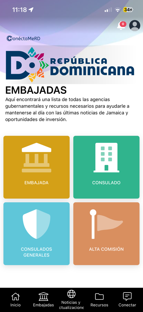 ConnectMeRD - ConnectMeRD app screen showing buttons for embassies and consulates of the Dominican Republic.