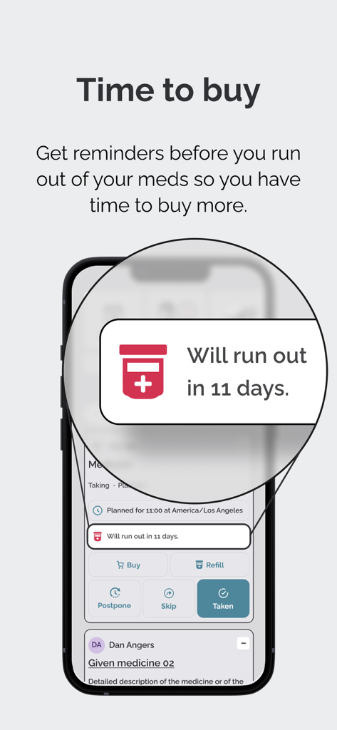 Interface of the Dose Medbox app displaying a smart refill notification for prescription medication