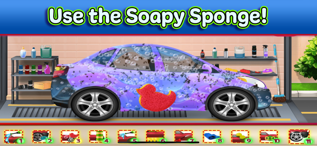 Tiny Car & Truck Wash Games - A purple car being washed with a red duck-shaped soapy sponge in a kids car wash game
