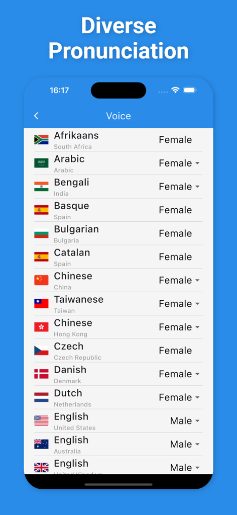 Chinese Translator & More + - 앱 화면, 중국어 및 영어와 같은 여러 언어에 대한 다양한 음성 발음 옵션 표시, 남성 및 여성 목소리 선택 포함
