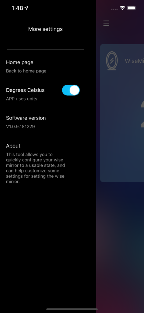 WiseMirror - 섭씨도 및 소프트웨어 버전 정보 토글이 표시된 WiseMirror 앱의 설정 화면