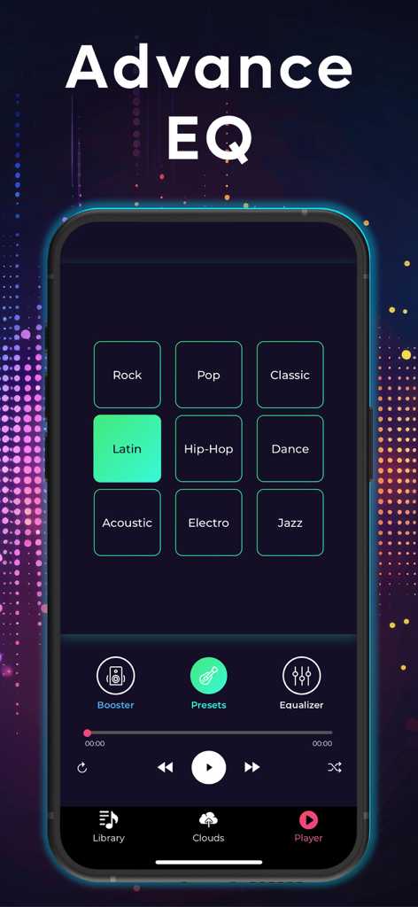 Bass Booster - Audio Equalizer - Interface de l'application Bass Booster montrant des préréglages d'égaliseur avancés pour divers genres musicaux comme le Hip-Hop et le Rock.