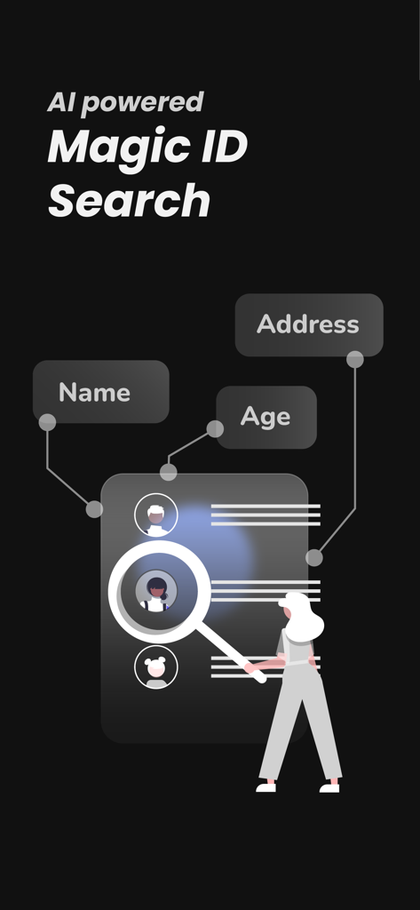 QID - Quick ID - Une illustration montrant la fonctionnalité de recherche d'identifiants IA Magic ID pour organiser les noms, âges et adresses