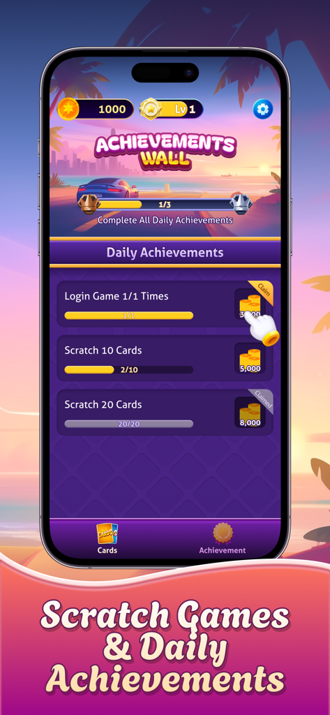 Scratch QuestPro mobile app interface showing the achievements wall with daily tasks and coin rewards