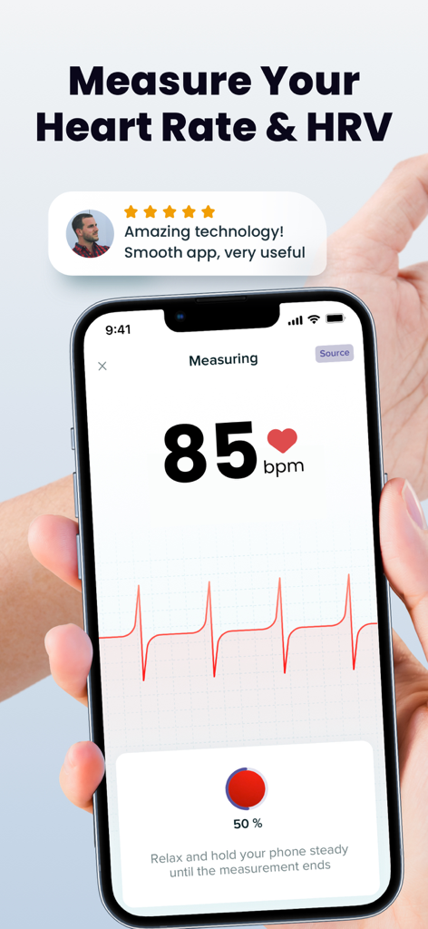 Smartphone screen showing the Health Partner app measuring heart rate and HRV with a positive user review