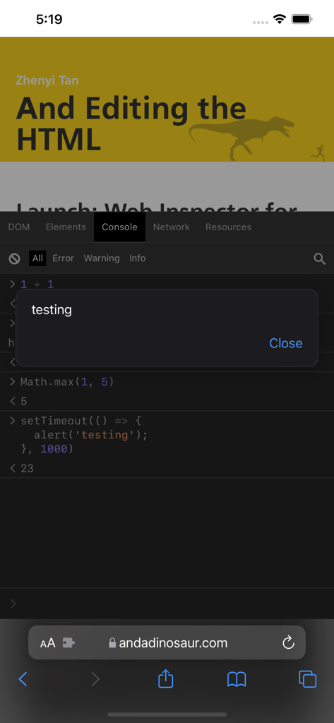 Web Inspector - 코드 실행 및 경고 창을 보여주는 Web Inspector 모바일 앱의 JavaScript 콘솔 인터페이스