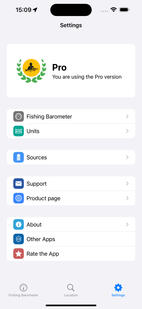 Fishing Barometer - Fishermen - The settings menu of the Fishing Barometer app showing the Pro version status and various configuration options like units and sources.