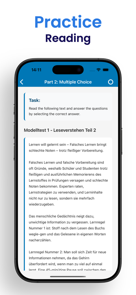 German Exam Prep | B2 Prüfung - German B2 reading comprehension practice screen with a multiple choice task and sample text