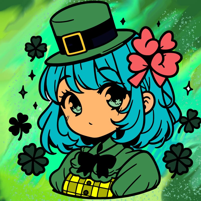 a manga-style girl with clovers around her, a little hat in her hair, like it's saint patrick's day