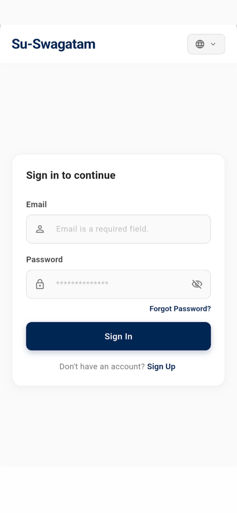 Login screen for the Su-Swagatam Indian visa application showing email and password fields