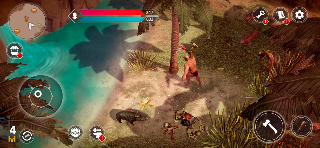 Exile: Wasteland Survival RPG - A muscular warrior character near an oasis in Exile Wasteland Survival RPG gameplay