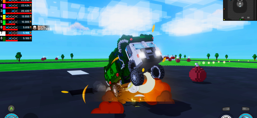 Carnage: Battle Arena - A blocky green garbage truck jumping over an orange explosion in a voxel style car combat game.