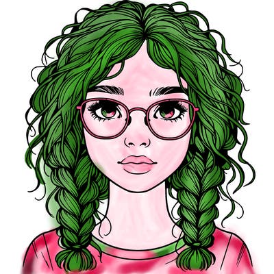 realistic girl with glasses and frizzy hair in braids