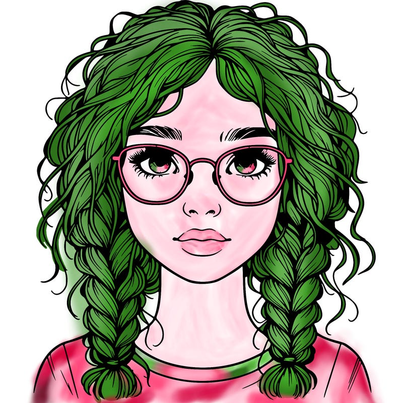 realistic girl with glasses and frizzy hair in braids