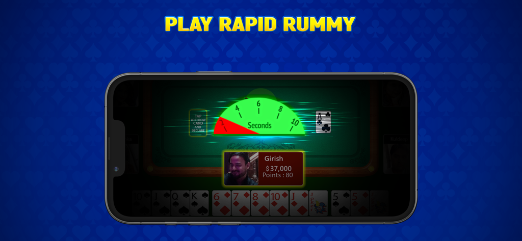 Octro Indian Rummy - A mobile screen showing the Rapid Rummy gameplay mode in the Octro Indian Rummy app