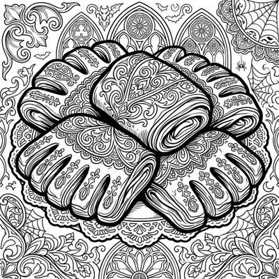 Indulge in a unique coloring experience with our Gothic Bear Claws design, blending delicious pastries with mysterious Victorian elegance. This intricate template invites you to explore a world of ornate details and shadowy beauty.