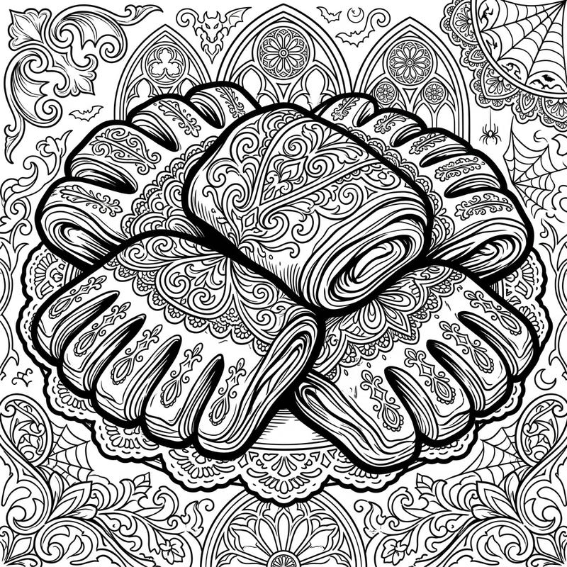 Indulge in a unique coloring experience with our Gothic Bear Claws design, blending delicious pastries with mysterious Victorian elegance. This intricate template invites you to explore a world of ornate details and shadowy beauty.