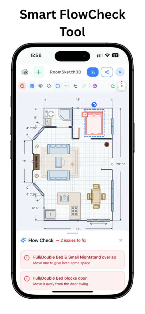 RoomSketch3D FloorPlanner - Una pantalla de aplicación móvil que muestra un plano de planta con la herramienta Smart FlowCheck resaltando errores de colocación de muebles.