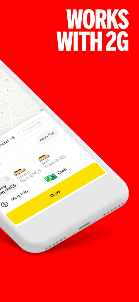 Interfaz de la aplicación Yango Lite en un smartphone con el titular Funciona con 2G