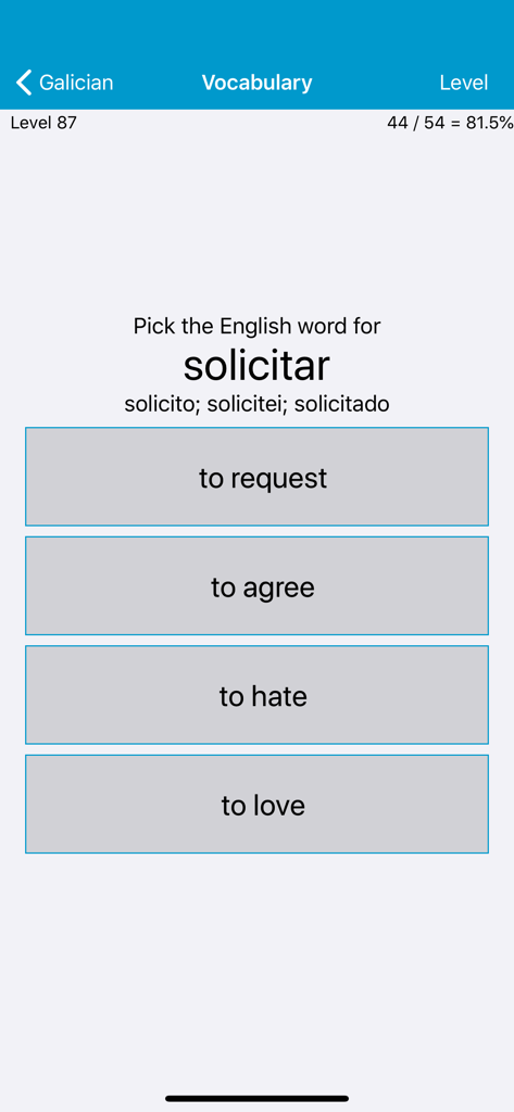LP Galician - A vocabulary multiple choice test screen in the LP Galician language learning app.