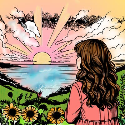 girl watching the sunset realistic