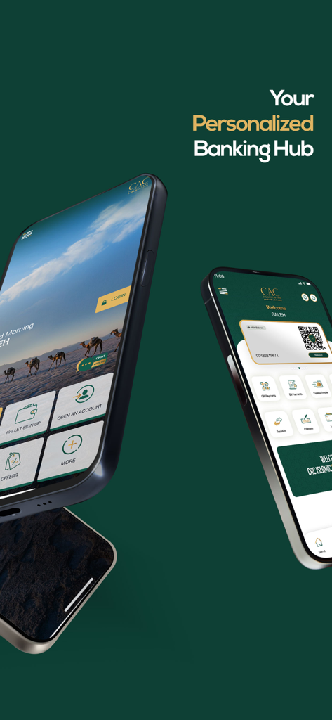 MyCAC Islamic - MyCAC Islamic mobile app interface displaying a personalized banking dashboard with QR payment options and account management features