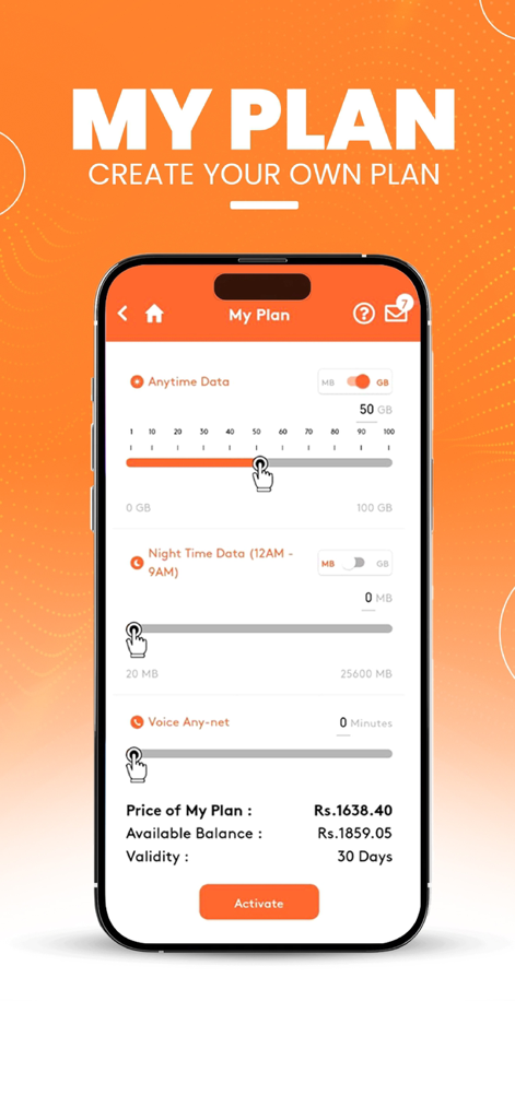 Tela de smartphone mostrando a interface My Plan do Hutch App para personalizar pacotes de dados e voz com controles deslizantes.