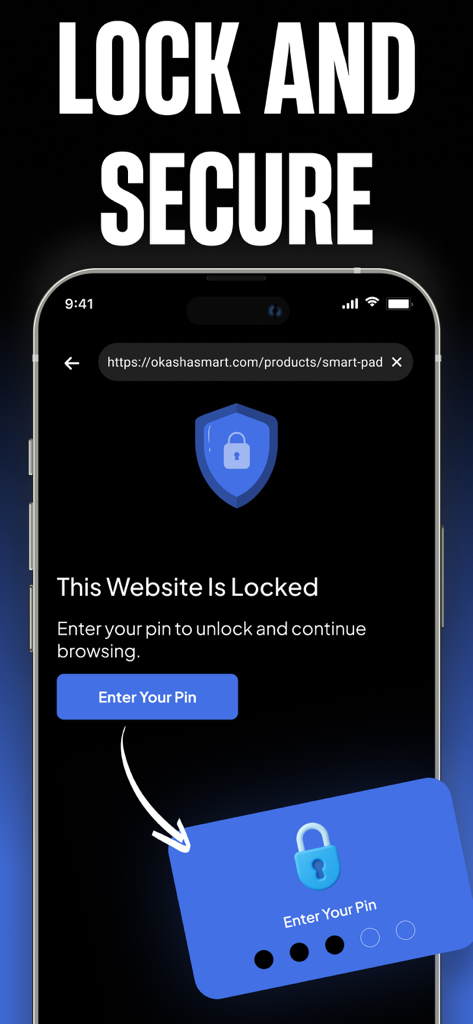 Private Browser - dip - Die Dip Private Browser App-Oberfläche zeigt eine mit einer Sicherheits-PIN gesperrte Website.