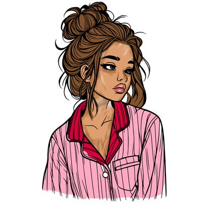 realistic woman with pajamas on and a messy bun