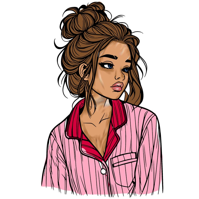 realistic woman with pajamas on and a messy bun