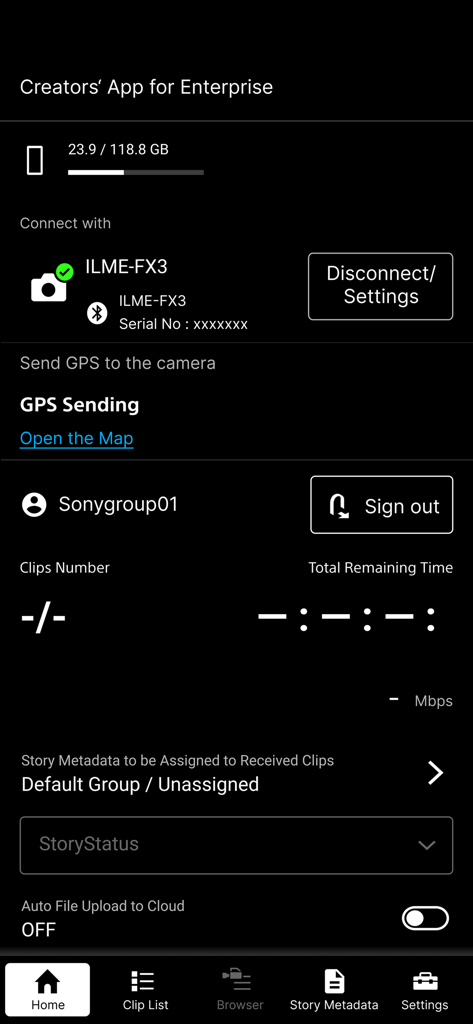 Sony | Creators' App for ENT - Pantalla de inicio de la aplicación Sony Creators para empresas que muestra la cámara conectada y las opciones de carga a la nube