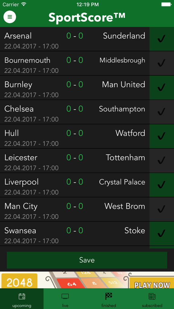 Sport Score App - Liste des prochains matchs de football de la Premier League et des dates dans l'interface de l'application Sport Score