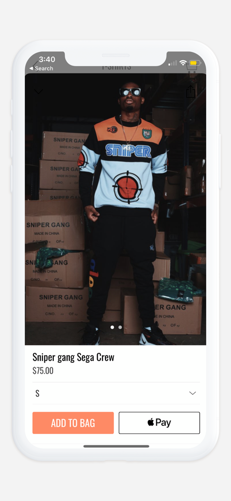 SNEAKER TOWN - Product page for a Sniper gang Sega Crew sweatshirt on the Sneaker Town mobile app with an Add to Bag button.