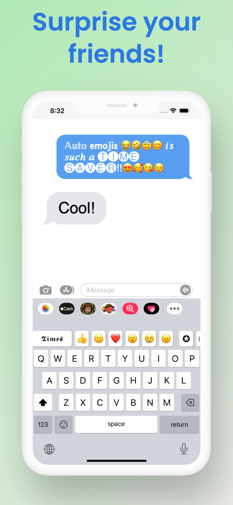 Auto Fonts Keyboard - facemoji - Interface do aplicativo Auto Fonts Keyboard mostrando fontes e emojis personalizados em uma mensagem de texto.