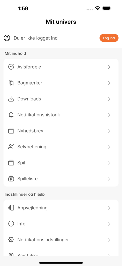 Fyens Stiftstidende - User profile and settings menu in the Fyens Stiftstidende mobile news app