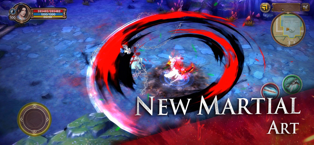 Age of Wushu Dynasty - モバイルゲームAge of Wushu Dynastyで、強力な円状の赤い武術スキルを放つキャラクター