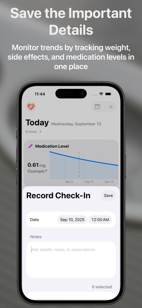 MyGLP GLP-1 Shot Tracker - MyGLP app showing medication level graph and daily check-in interface